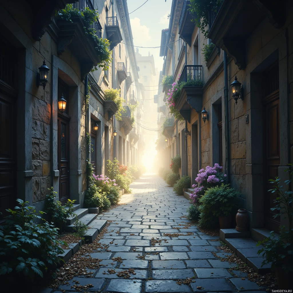 A cobblestone alleyway lined with stone buildings and potted plants leads towards a bright light at the end.