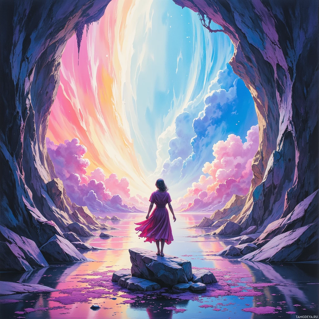 A person stands on rocks at the entrance of a cave, gazing out at a vibrant sky and reflective water.