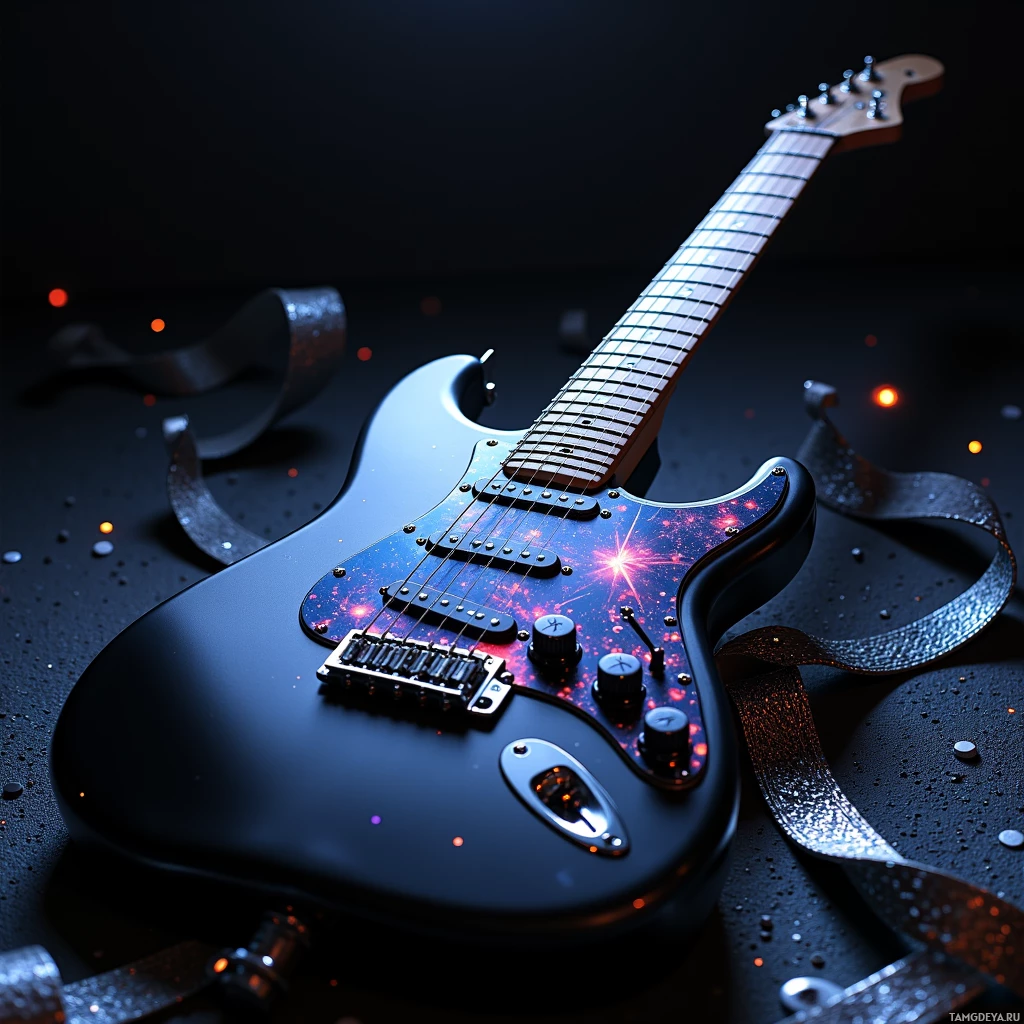 A close-up of a black electric guitar with a cosmic design and glowing elements.