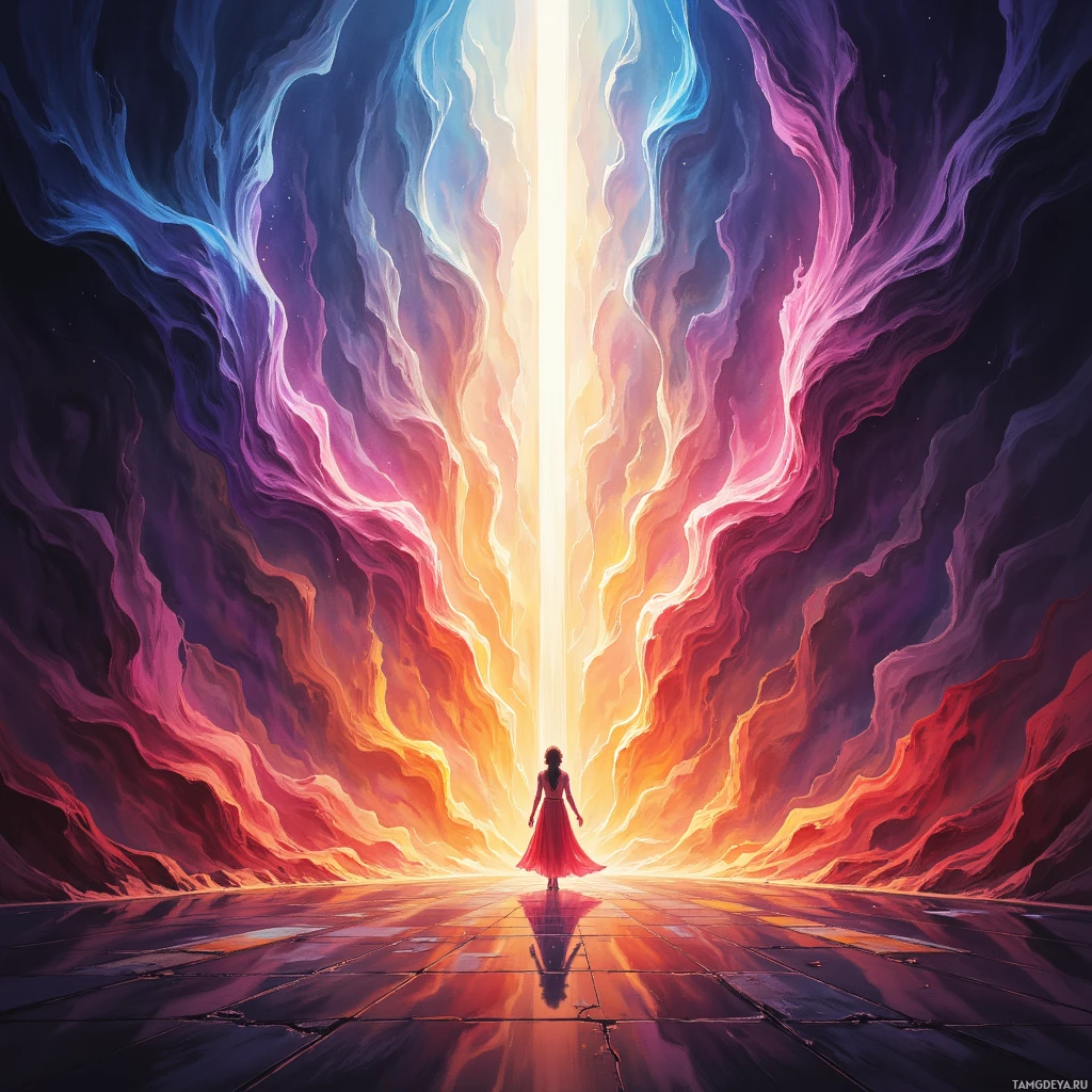 A figure stands at the entrance to a glowing portal with vibrant colors and flowing patterns.
