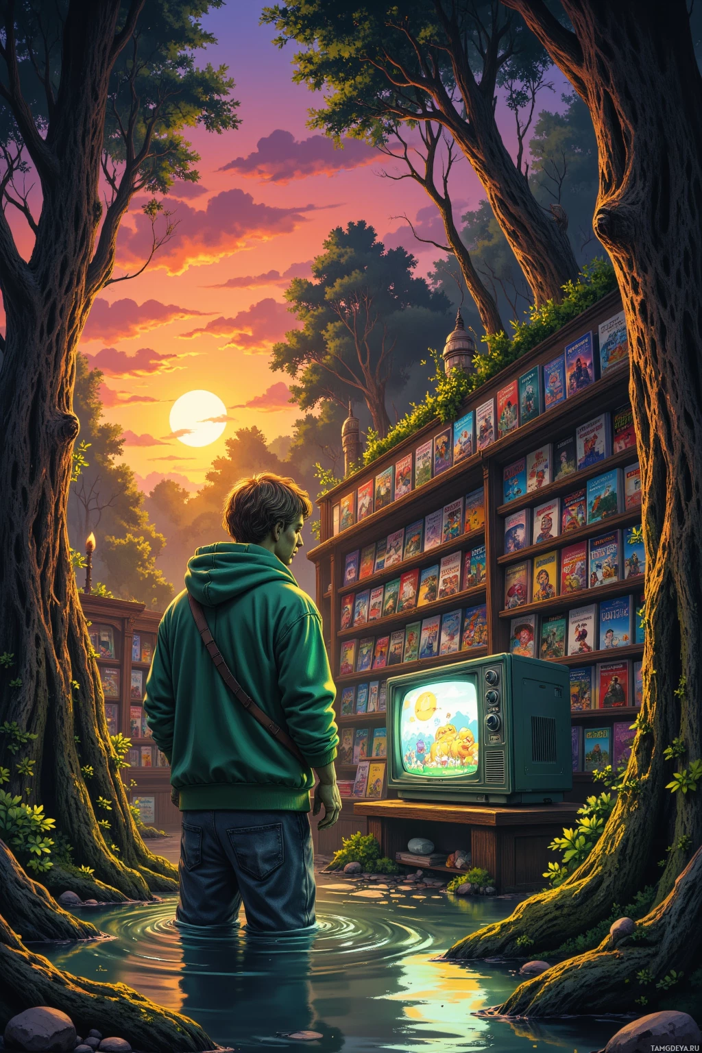 A person stands in shallow water near an old-fashioned television set displaying animated characters, surrounded by bookshelves and trees under a sunset sky.