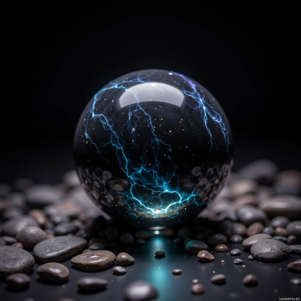 A glowing sphere with blue lightning patterns sits among scattered rocks against a dark background.