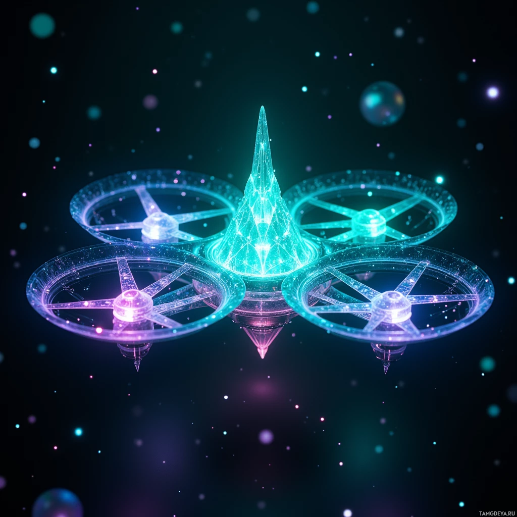 A futuristic drone with glowing blue and purple lights against a starry background.