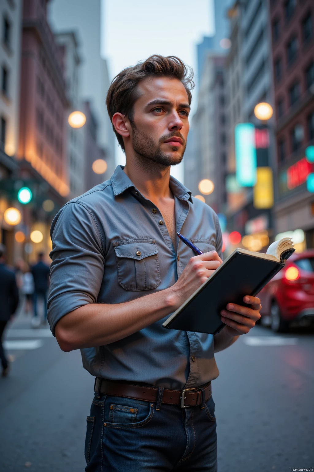 A man in a city street writes in a notebook.
