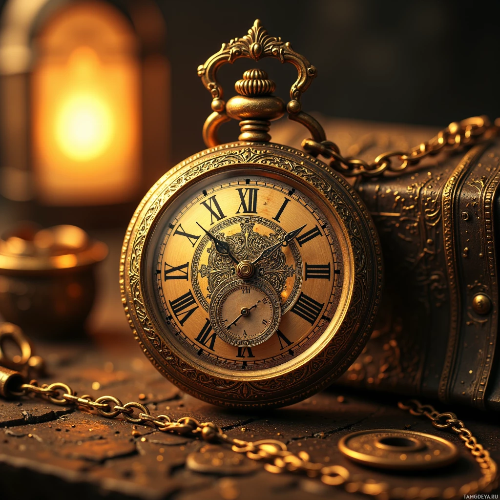 A vintage pocket watch with Roman numerals and intricate detailing is displayed on a dark surface alongside coins and a lantern in the background.