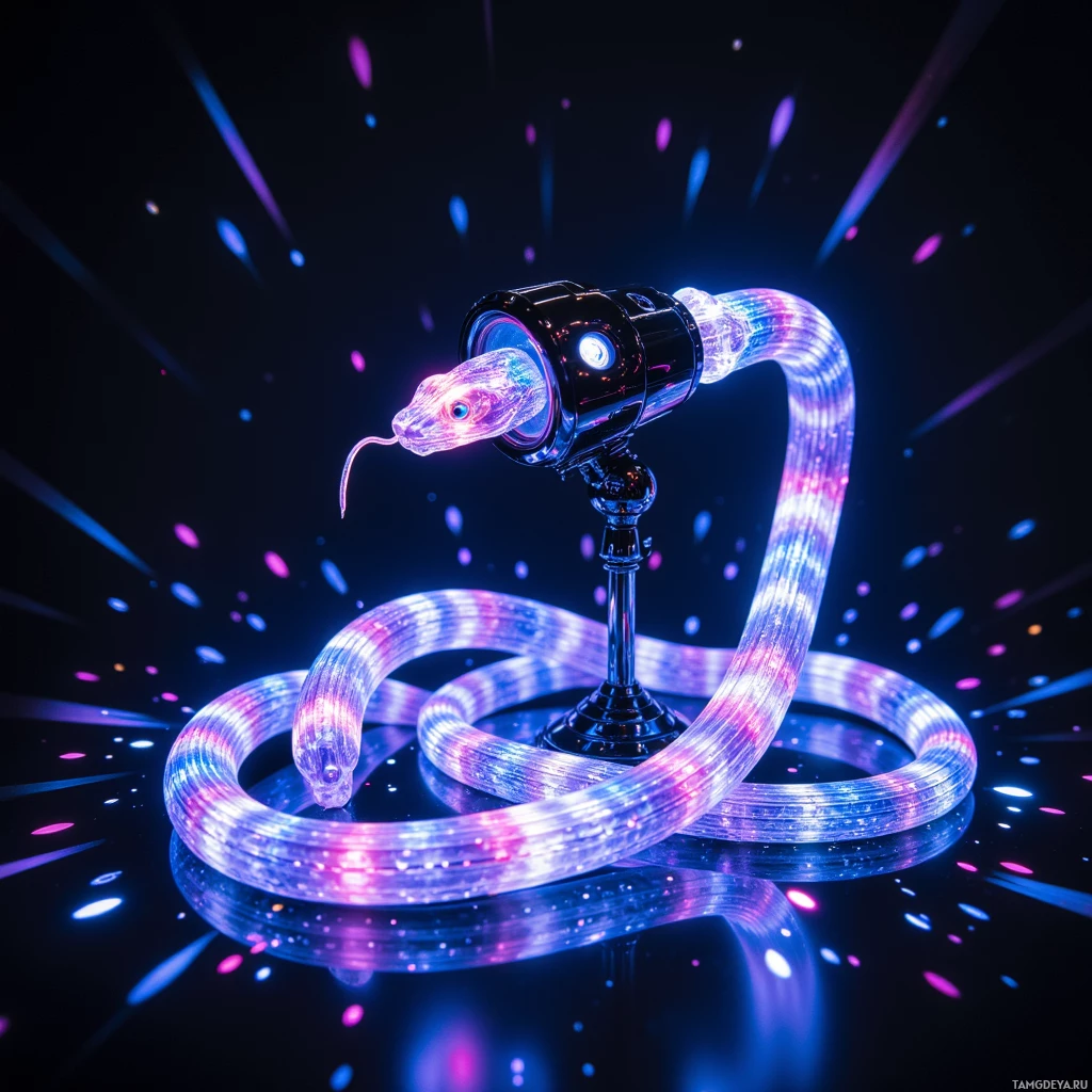 A glowing snake with a camera lens head is coiled on a reflective surface against a dark background with colorful light streaks.