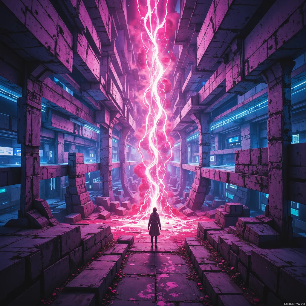 A lone figure stands before a glowing, electrified portal in a dilapidated, futuristic structure.