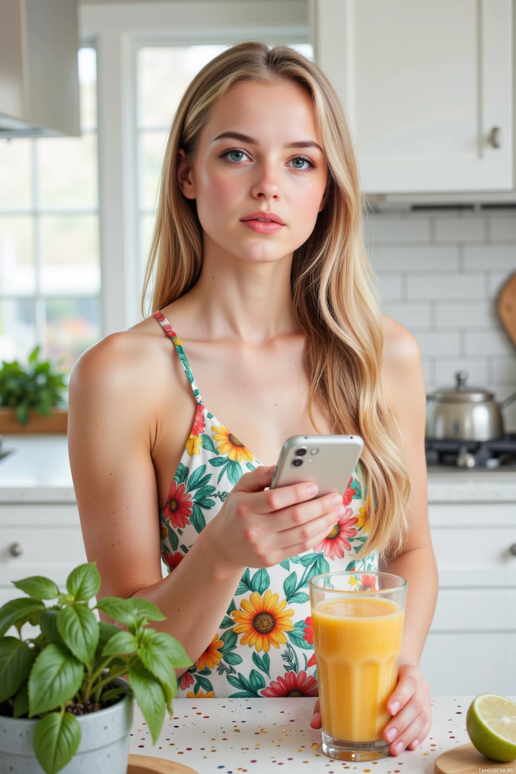 A person in a floral dress holds a smartphone and a glass of orange juice in a kitchen setting.