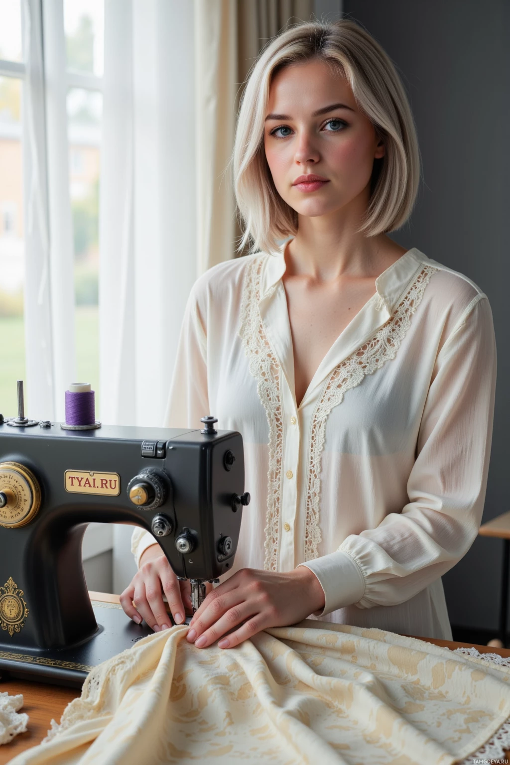 A person is working at a sewing machine with fabric in front of them.