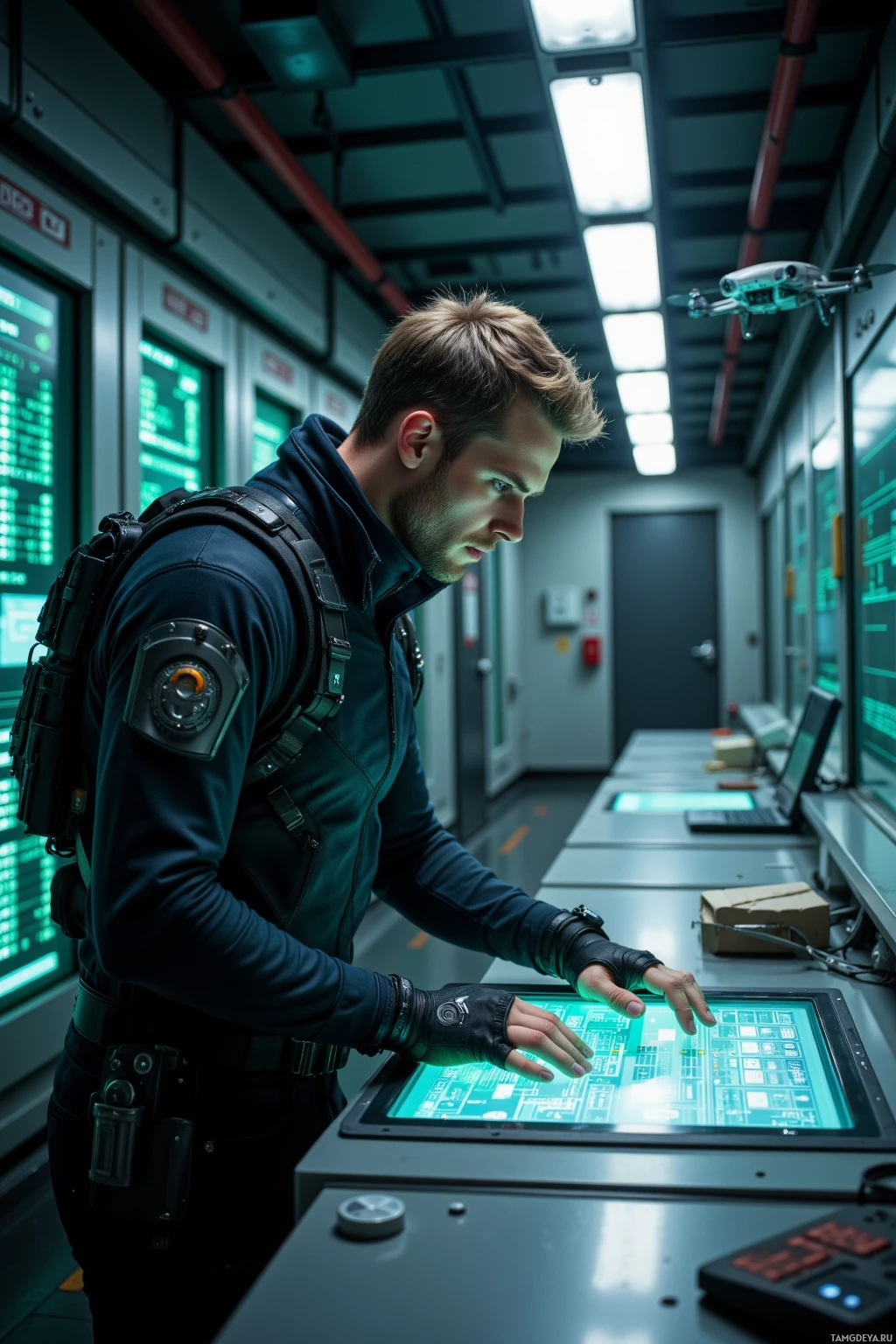 A person in tactical gear operates a futuristic control panel in a high-tech environment.