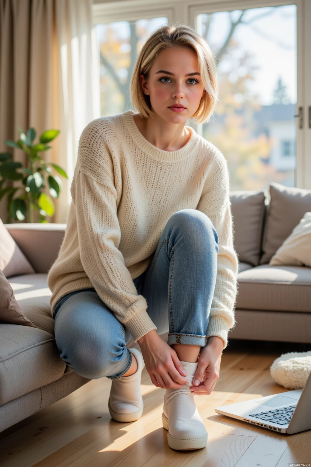 A person is sitting on a couch, adjusting their shoes in a cozy living room setting.