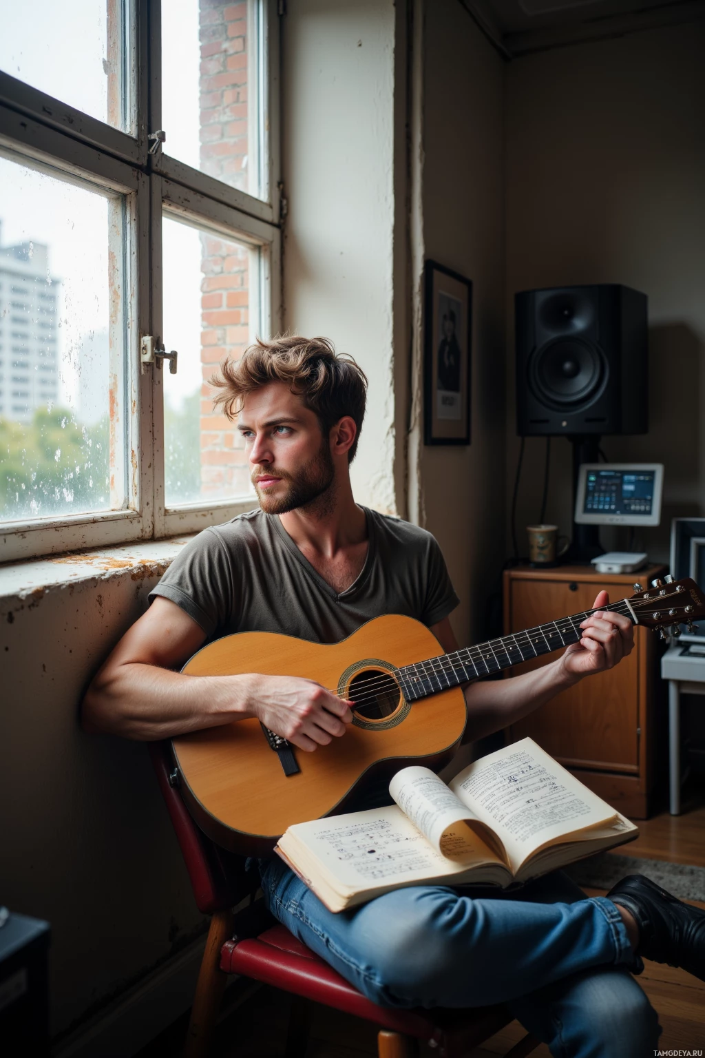A person sits by a window playing an acoustic guitar while holding an open book on their lap.