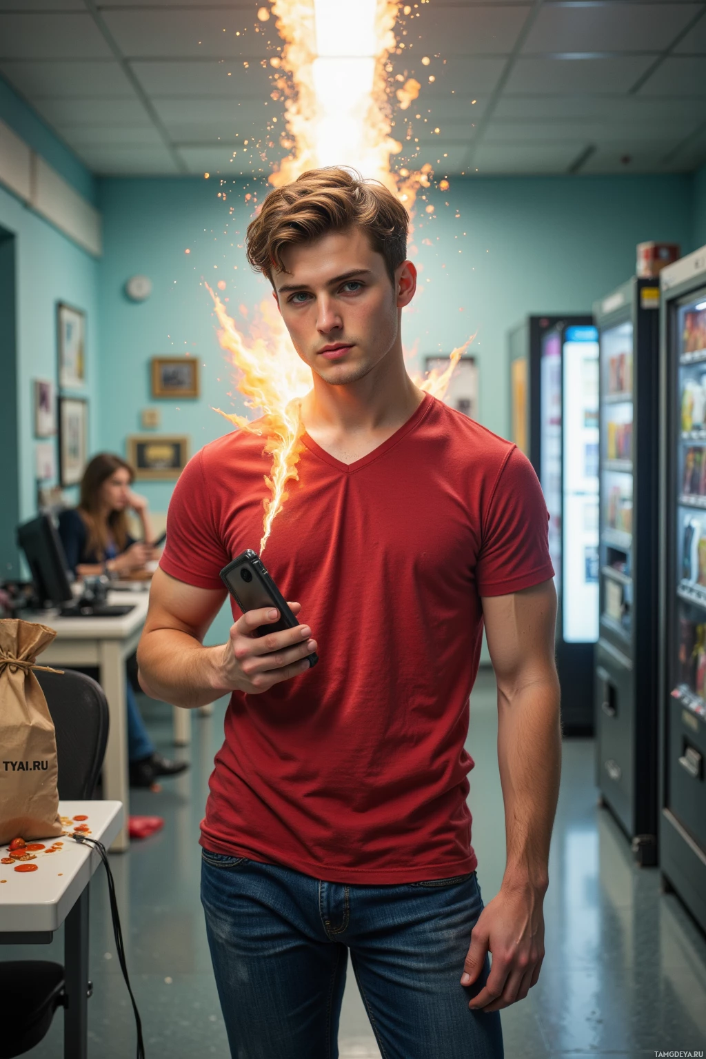 A person in a red shirt holds a phone with flames erupting from it in an office setting.