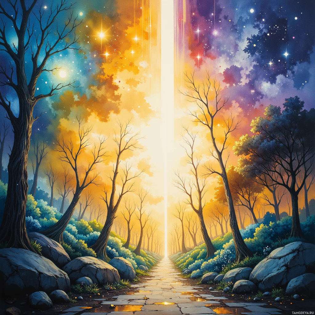 A vibrant forest scene with a glowing path leading into the distance under a starry sky.