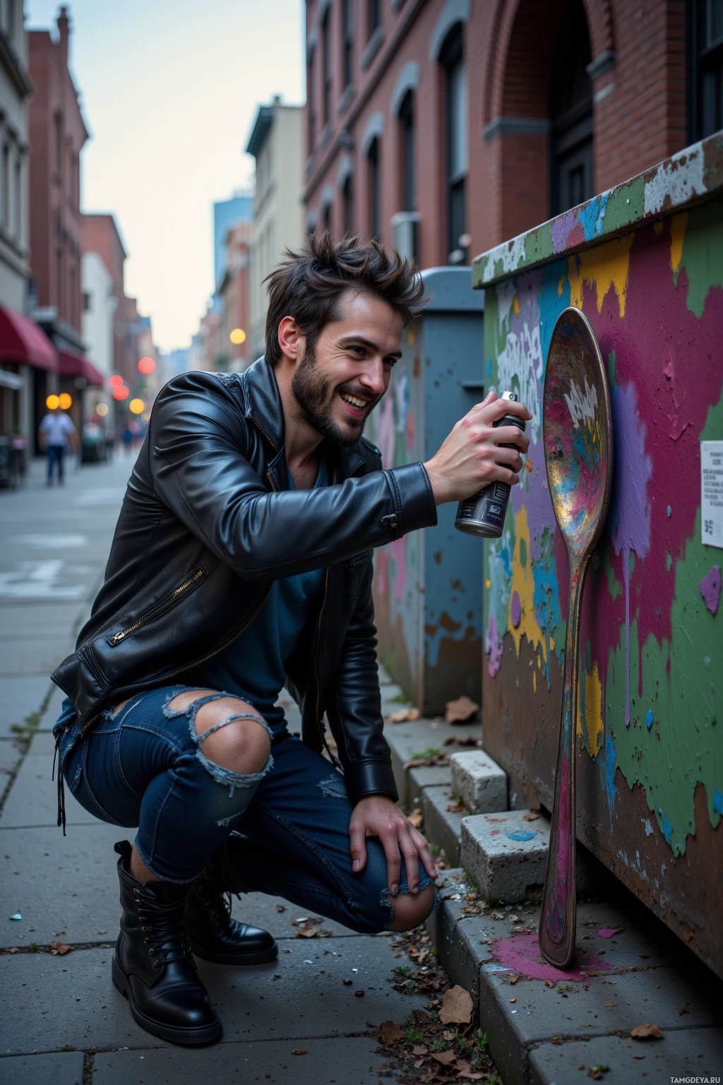 A person in a leather jacket and ripped jeans is crouching and smiling while holding a spray can near a colorful wall.