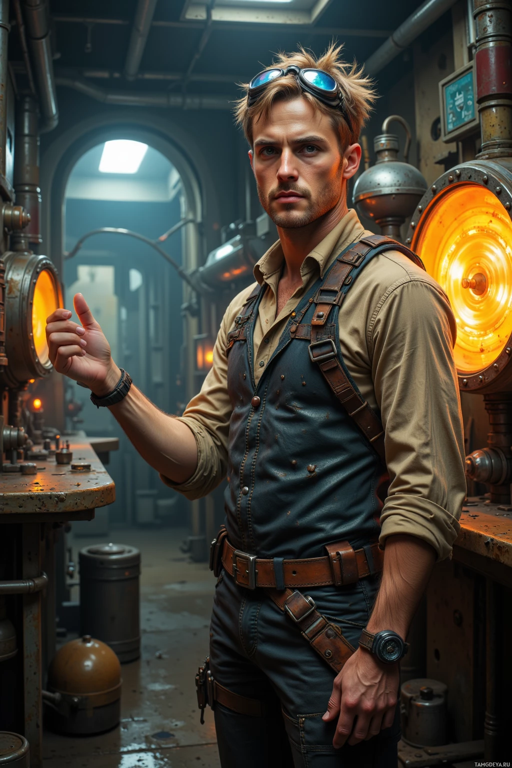 A man in a rugged outfit stands in a dimly lit industrial setting, gesturing with his hand.