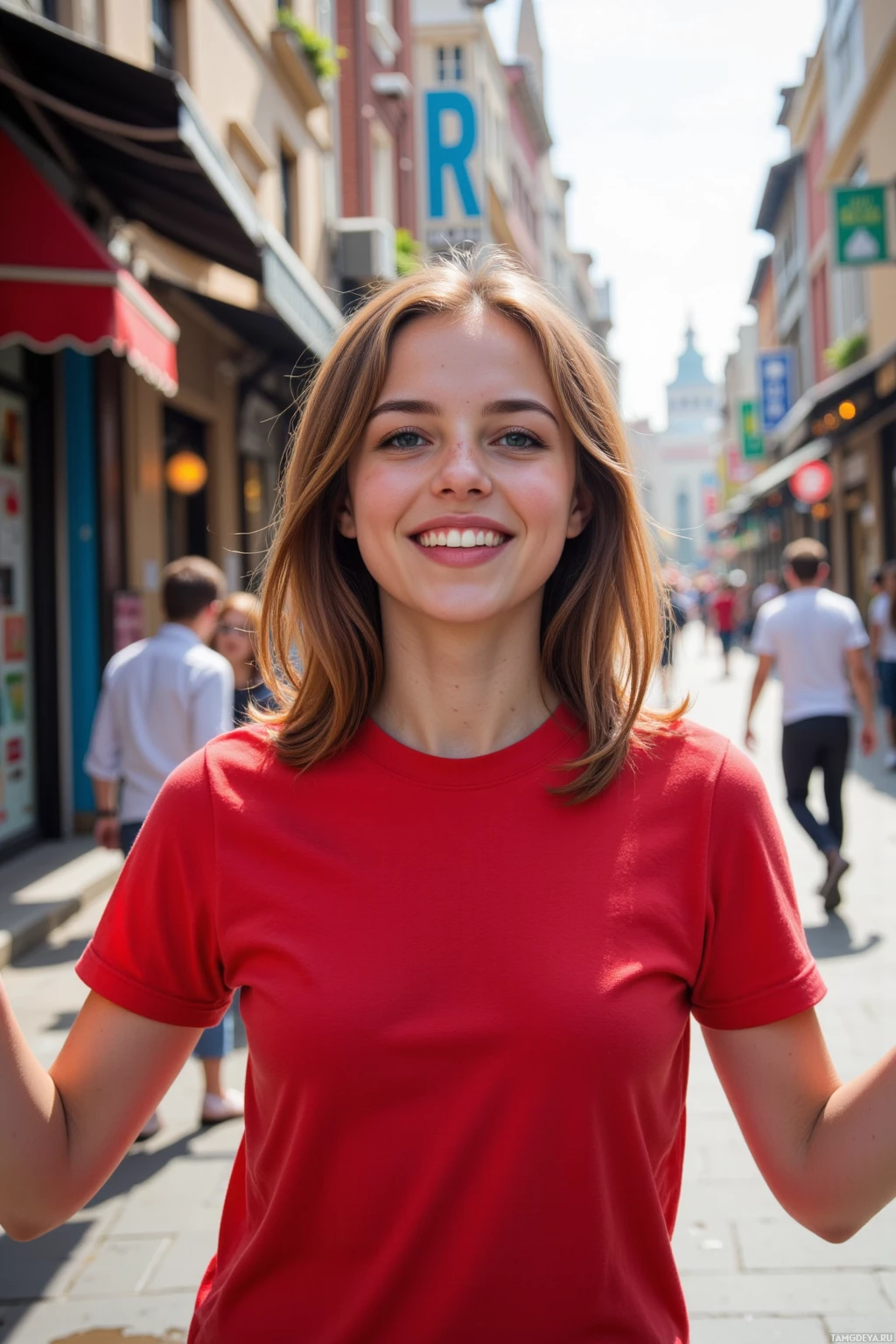 A person in a red shirt smiles on a busy street with shops and pedestrians in the background.