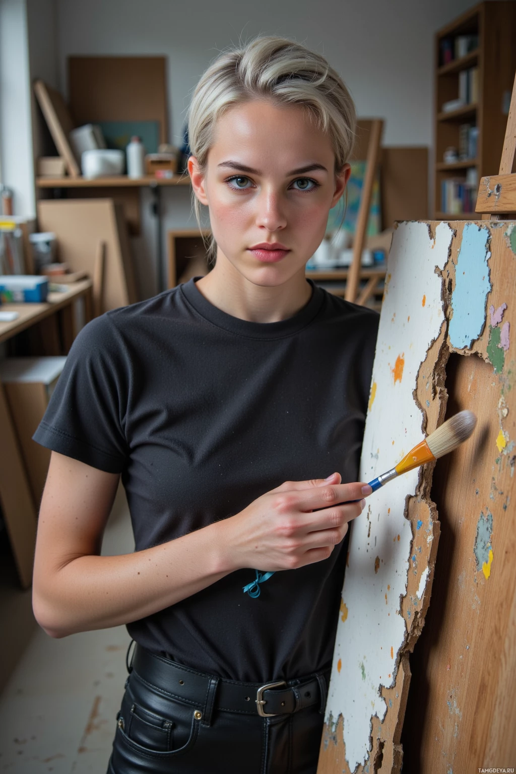 A person in a black shirt holds a paintbrush near a canvas in an art studio.