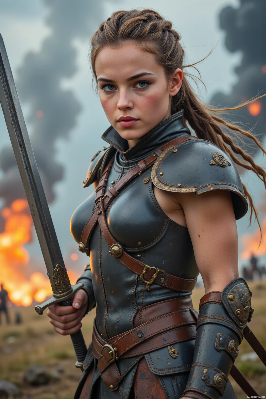 A person in medieval-style armor holds a sword, with a fiery battlefield in the background.