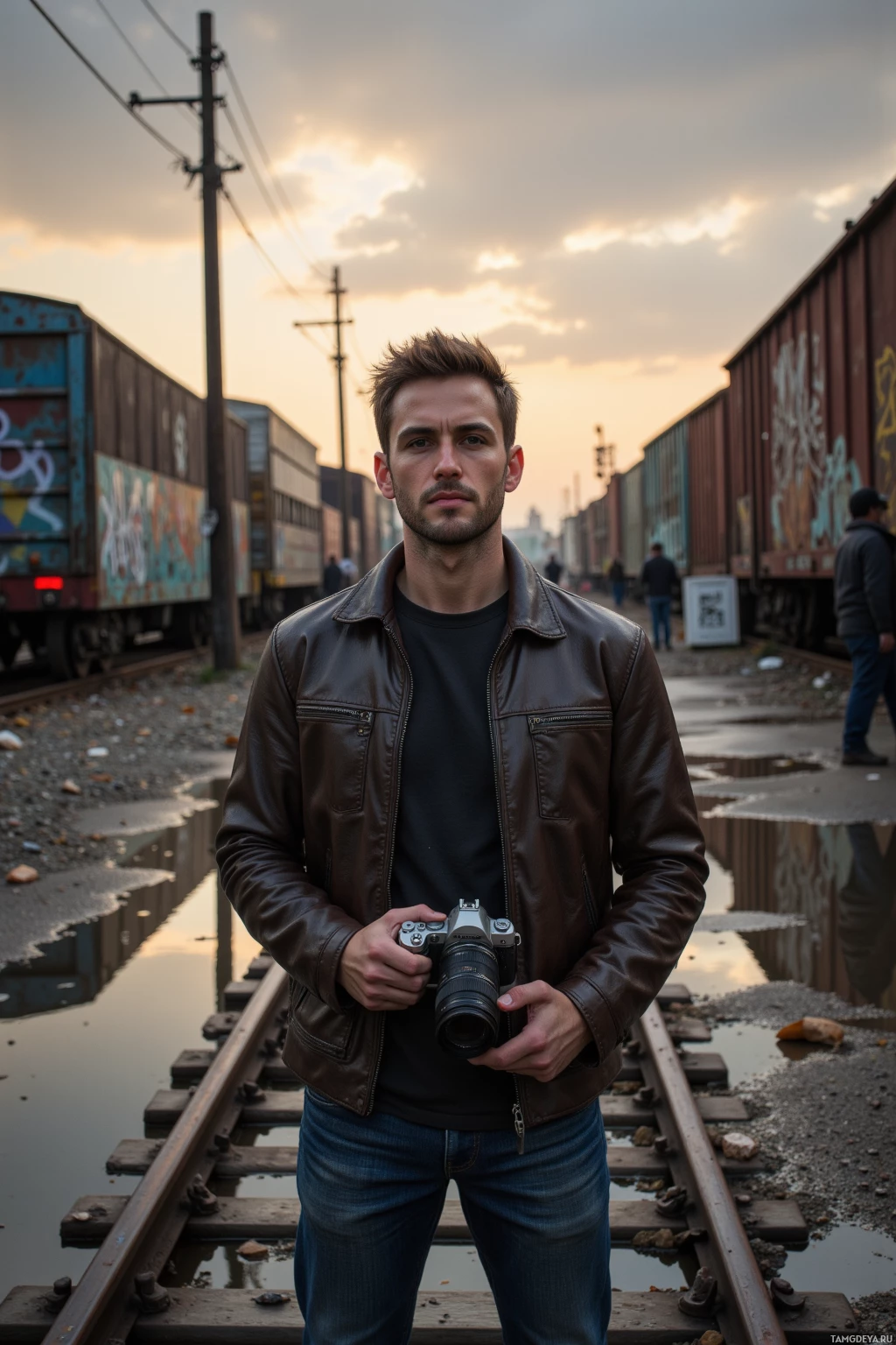 A person stands on train tracks holding a camera, with graffiti-covered train cars and a sunset sky in the background.