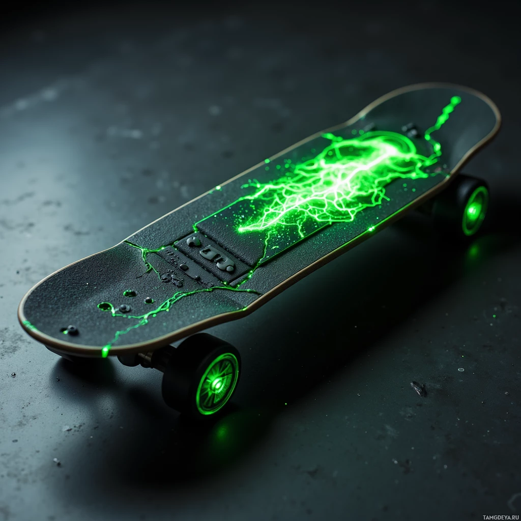 A skateboard with glowing green lightning patterns and illuminated wheels is displayed on a dark surface.