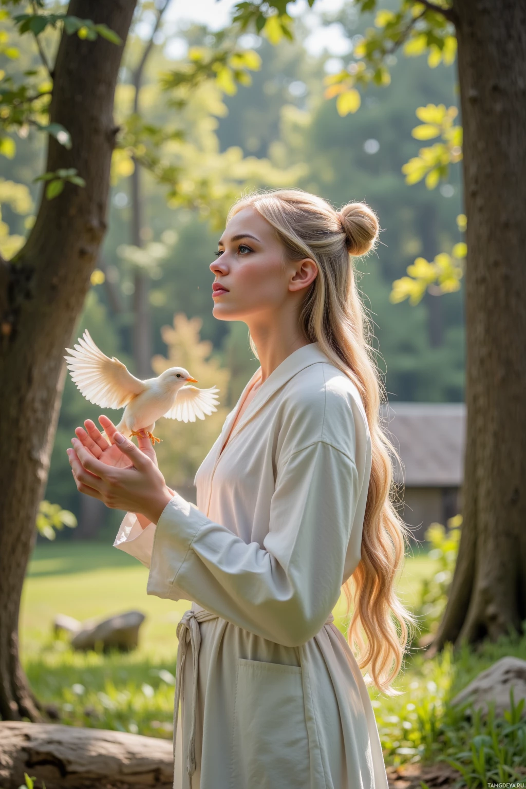 A woman in a light-colored robe stands in a forest, holding a white bird on her outstretched hands.