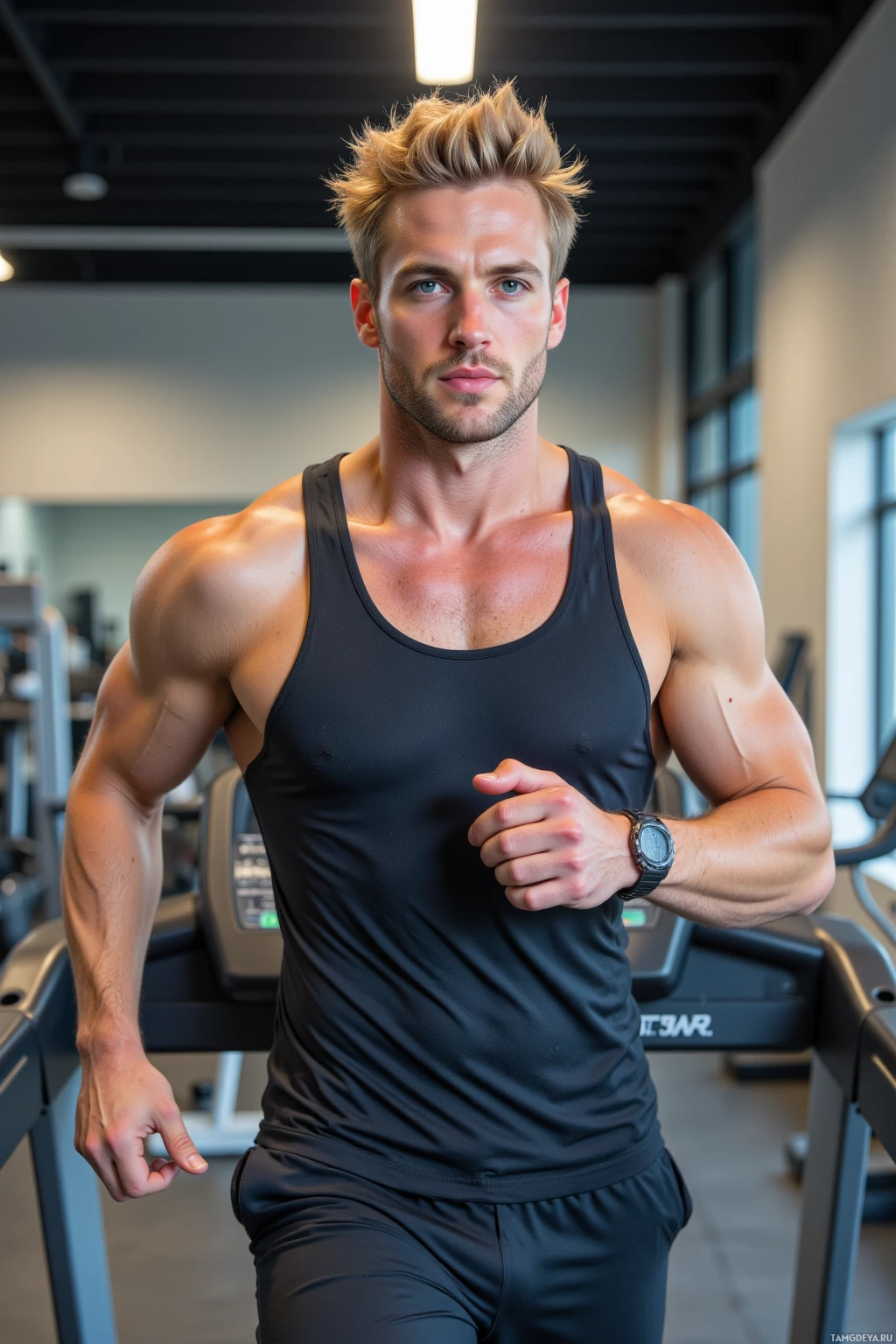 A muscular individual wearing a black tank top and running in a gym setting.