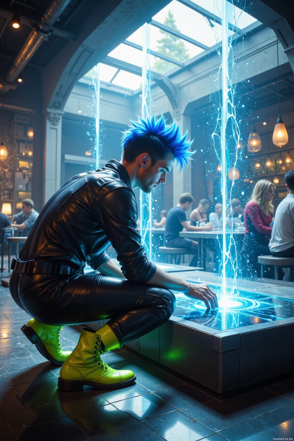 A person with blue spiky hair in black leather attire crouches near an illuminated platform emitting light effects.