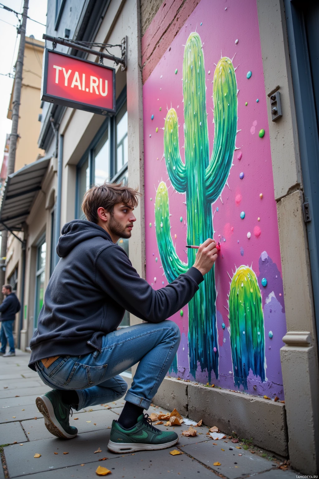 A person is painting a colorful cactus mural on a pink wall.