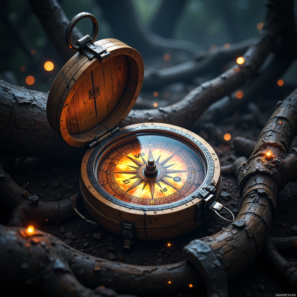 An open wooden compass with a glowing compass needle lies on a bed of branches and glowing embers.