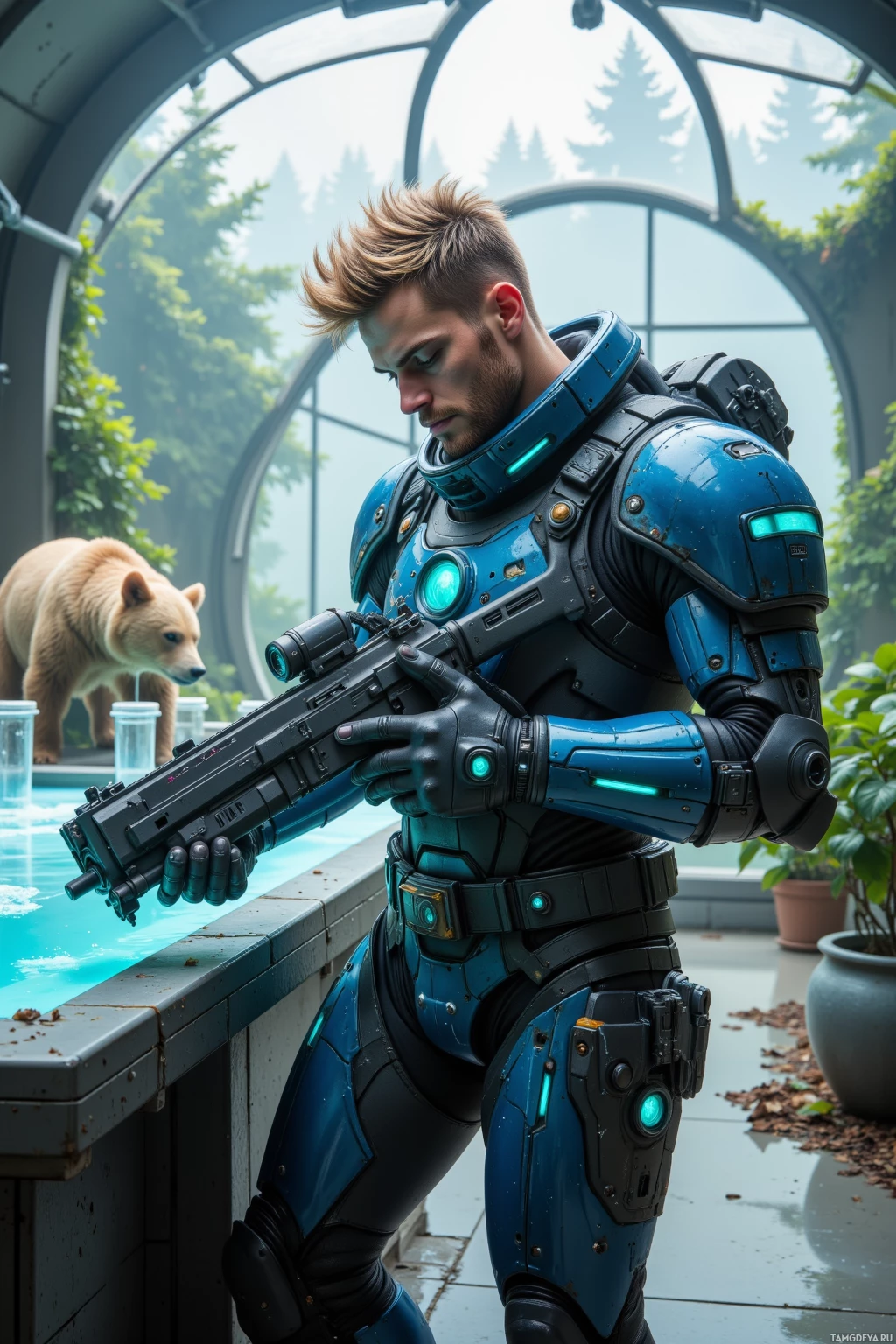 A person in futuristic armor holds a weapon near a bear and glass dome structure.