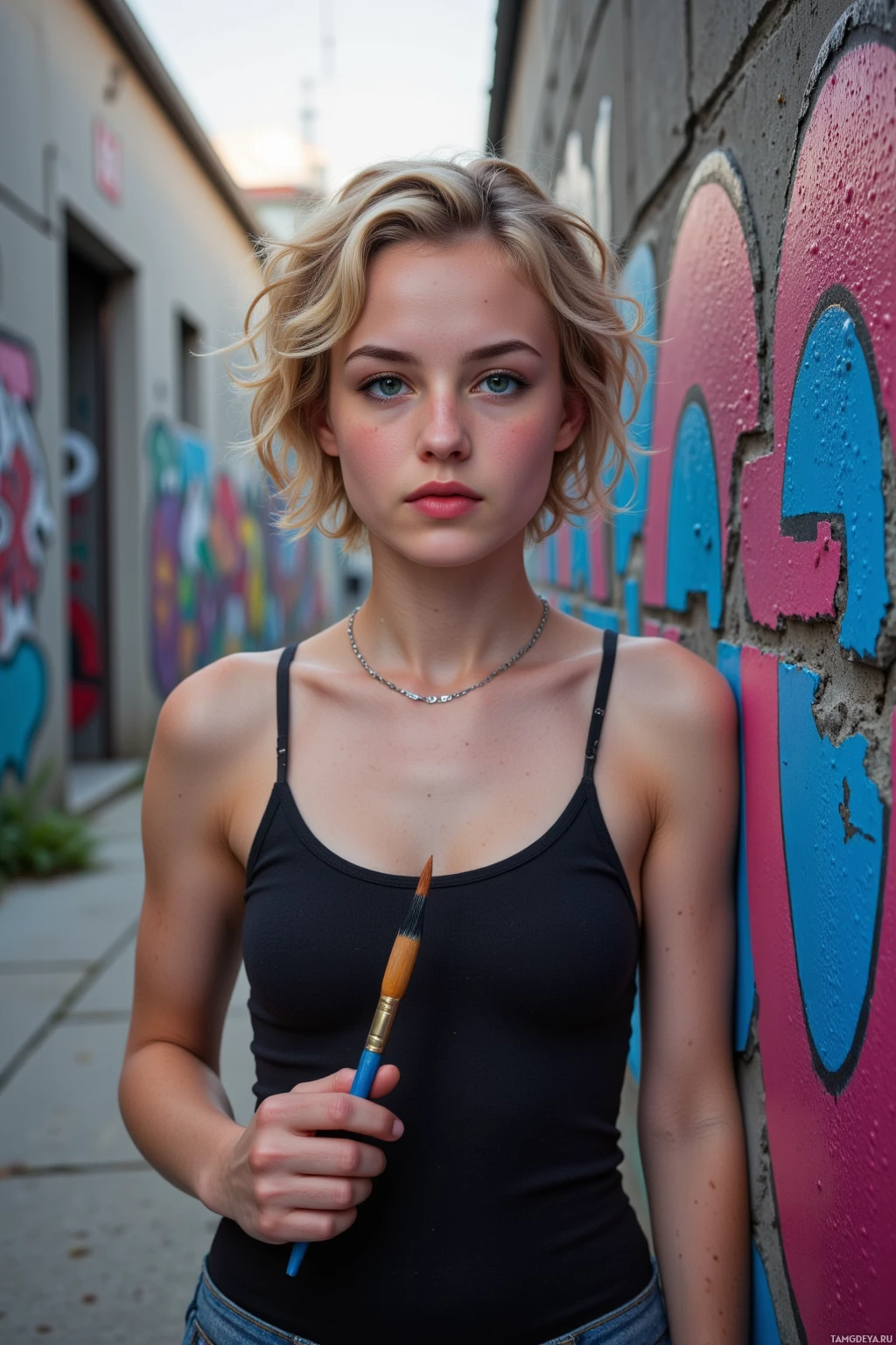 A person stands in an alleyway holding a paintbrush, wearing a black tank top and a necklace, with graffiti art visible on the wall behind.