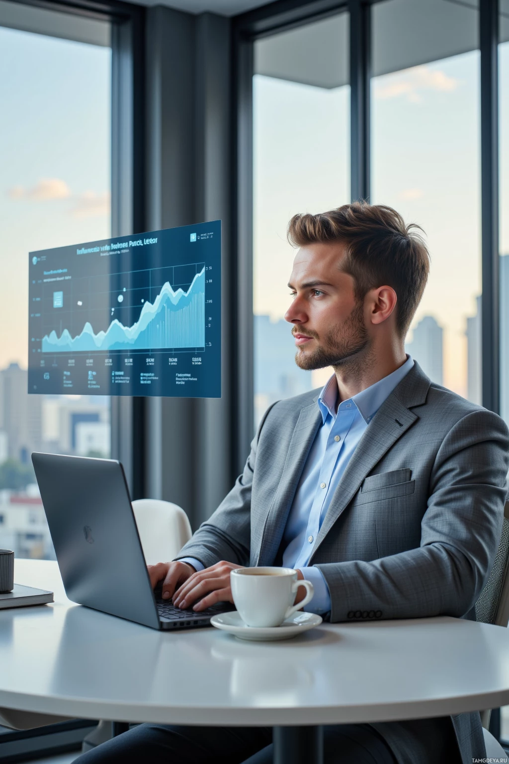A man in a suit works on a laptop with a holographic financial chart displayed above him.