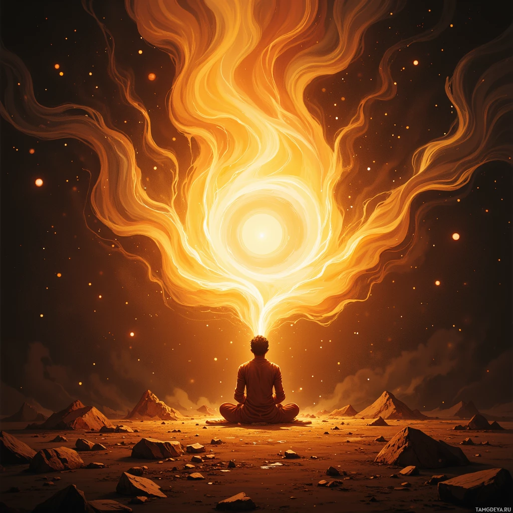 A meditating figure sits in a serene, rocky landscape under a glowing, cosmic sky.