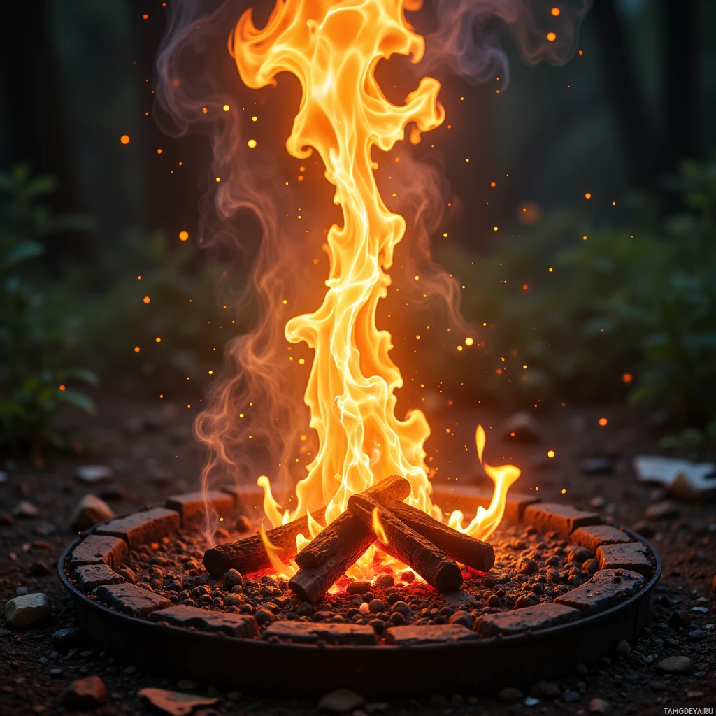 A campfire burns brightly in an outdoor setting with stones surrounding it.