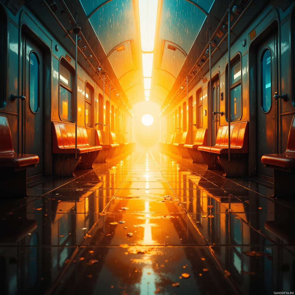 A train car interior bathed in golden sunlight streaming through the windows.