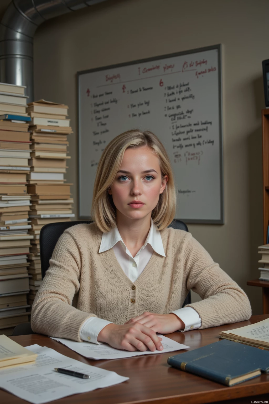 A person sits at a desk in an office setting with books and papers around them.