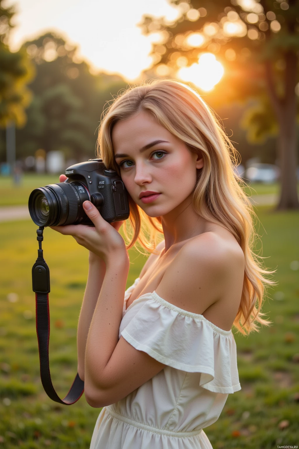 Realistic high quality photo. A 27‑year‑old woman with honey blonde wavy hair, warm brown eyes, fair complexion, high cheekbones, wearing a flowy white dress, stands in a quiet park at golden hour, gently holding a DSLR camera and capturing the amber glow of the setting sun with a serene, thoughtful pose amid softly illuminated trees.