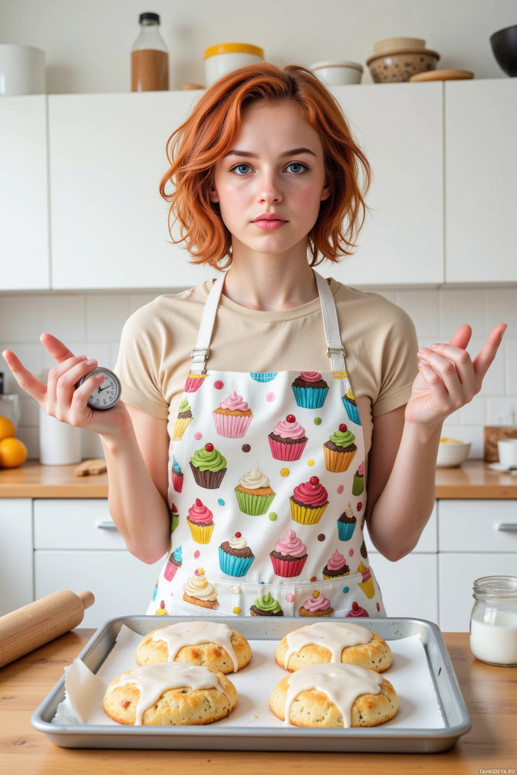 A person wearing a cupcake-patterned apron stands in a kitchen, gesturing with their hands near a tray of freshly baked pastries.