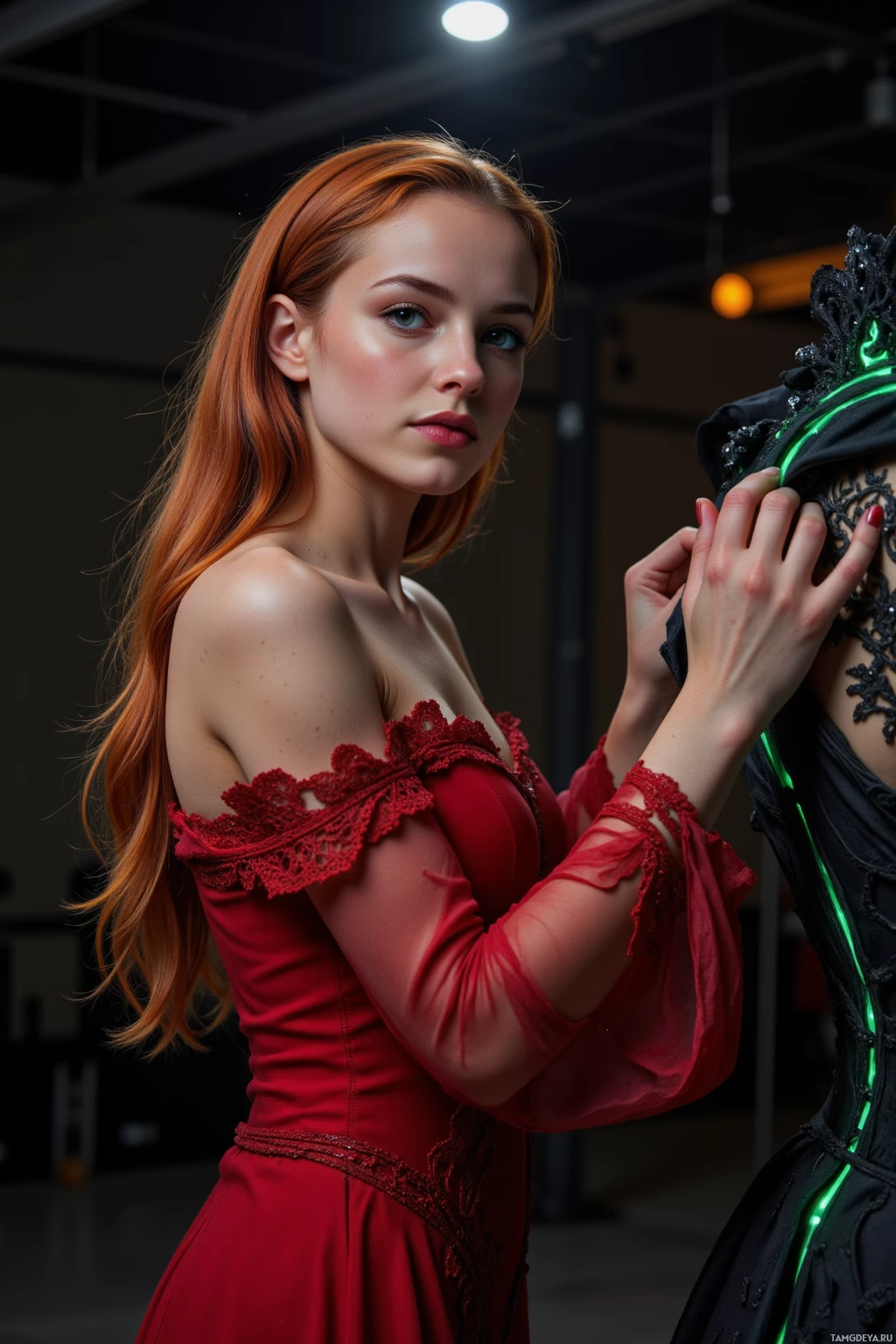 A woman with long red hair wearing a red dress with lace details.