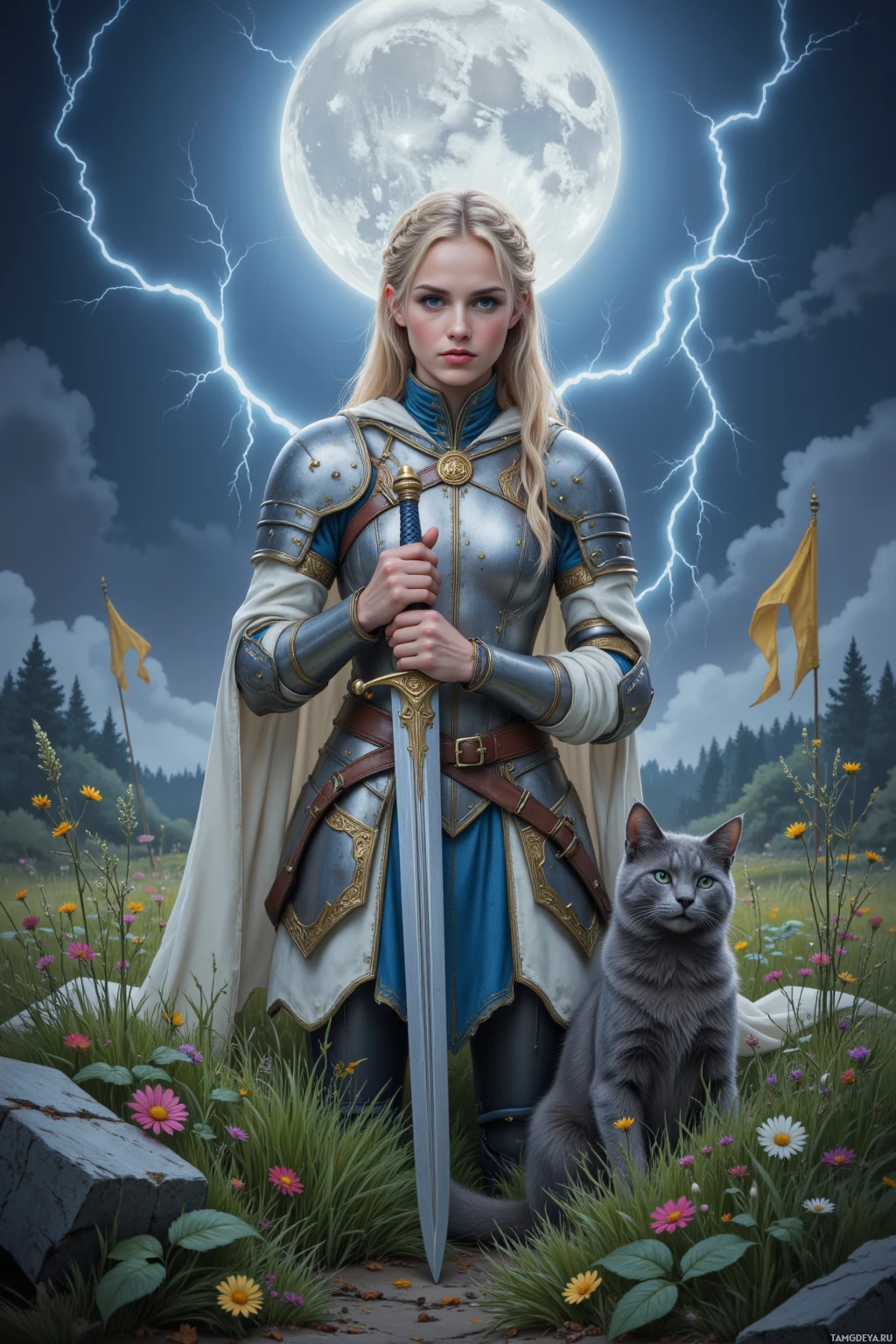A knight in armor stands beside a cat under a full moon with lightning.