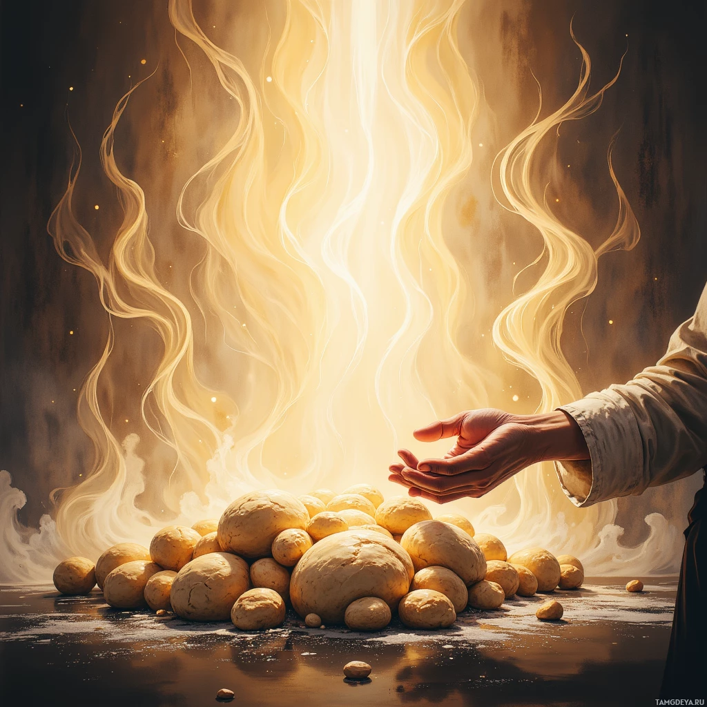 Semi-abstract image with many empty light space at center of beautiful background, that is suitable for the post:  The world is a bakery, and every hand I offer is kneaded dough, shaping hope before it rises.