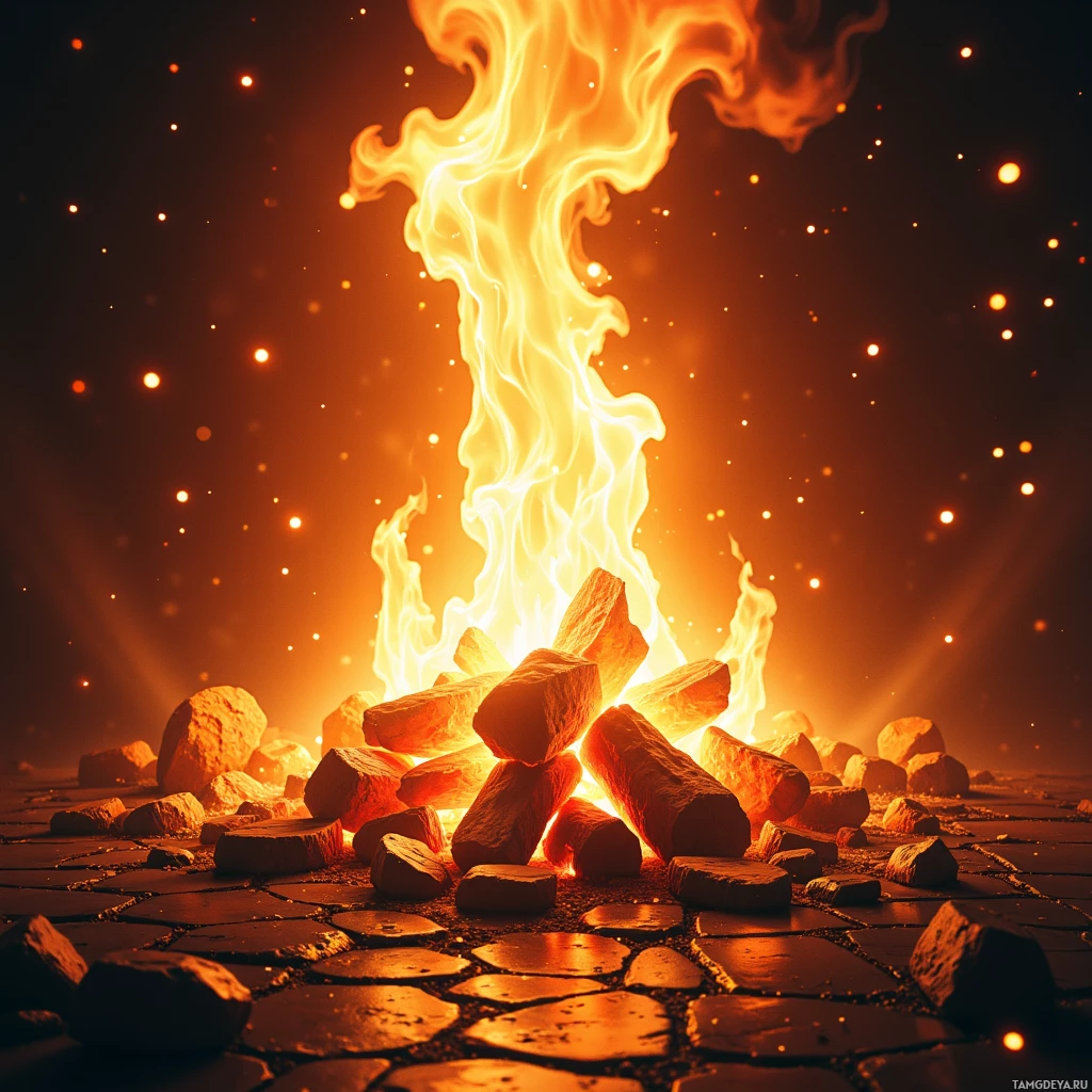 A vibrant fire burns brightly atop rocks on a paved surface against a dark background with glowing embers.
