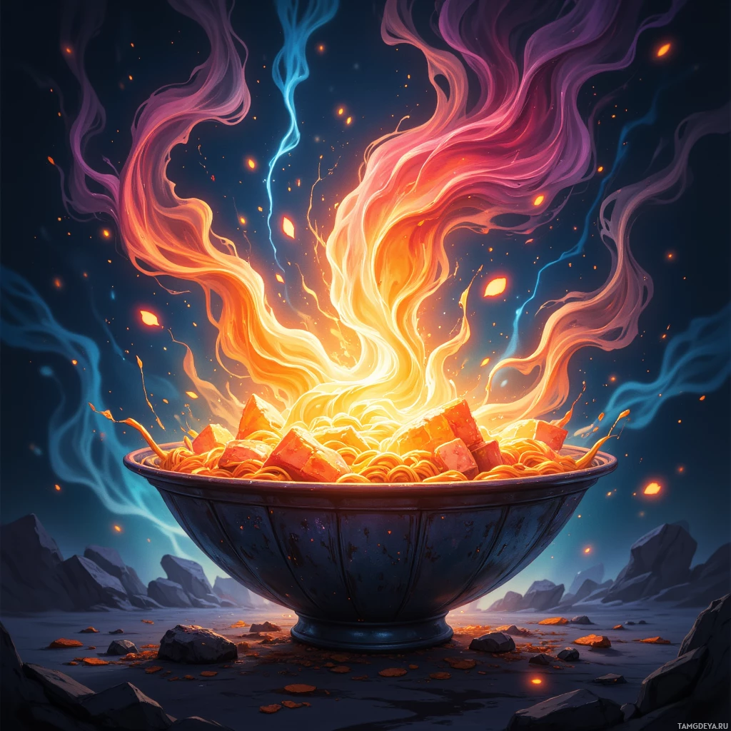 A bowl of noodles with glowing, fiery flames and sparks rising from it, set against a dark, rocky landscape.