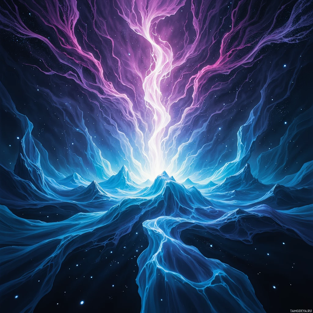 A vibrant, cosmic landscape featuring glowing, ethereal waves in shades of purple and blue against a starry night sky.