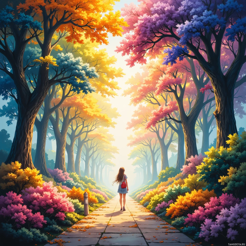 A person walks down a path lined with colorful autumn trees and vibrant foliage.