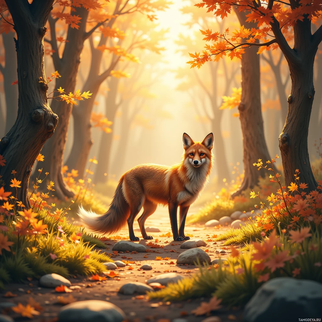 A fox stands in a serene autumn forest bathed in golden sunlight.