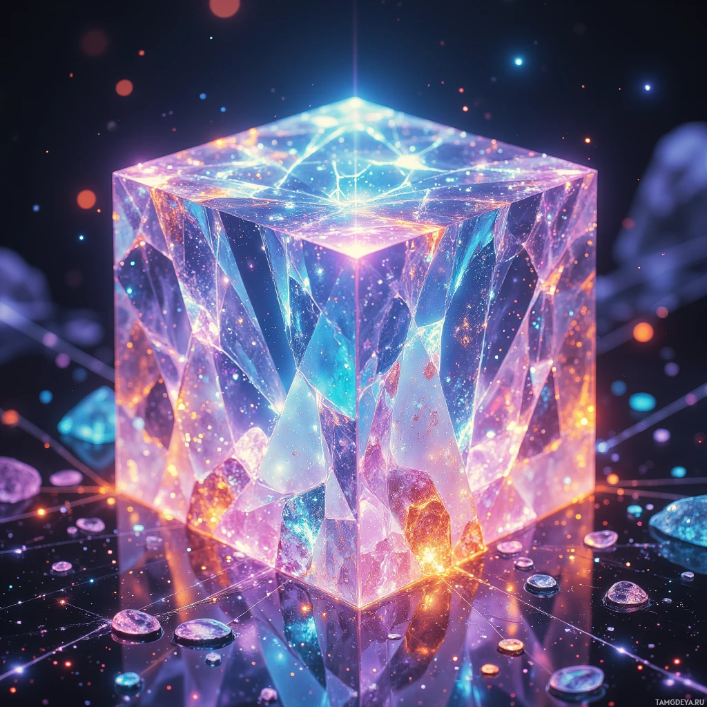 A glowing, multi-colored crystal cube with a cosmic, starry interior.
