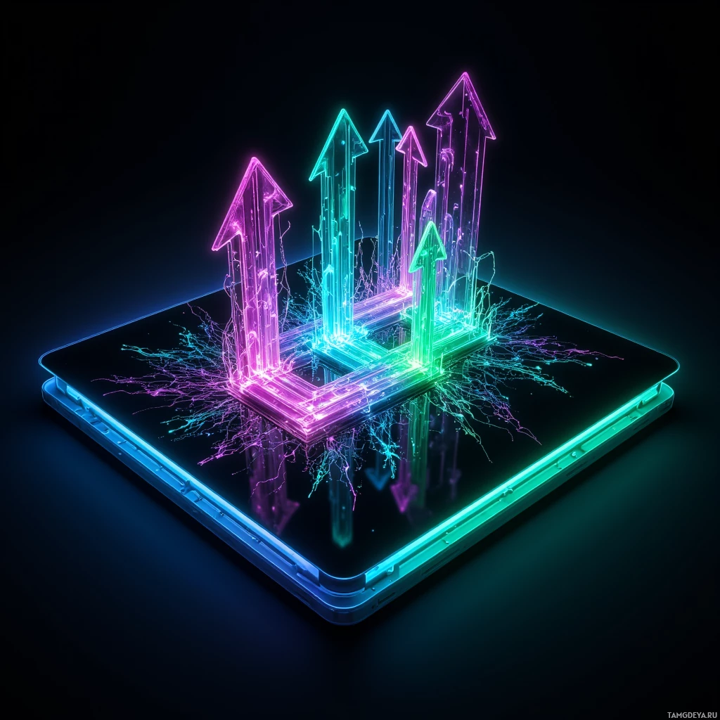 A glowing tablet with neon arrows pointing upwards.
