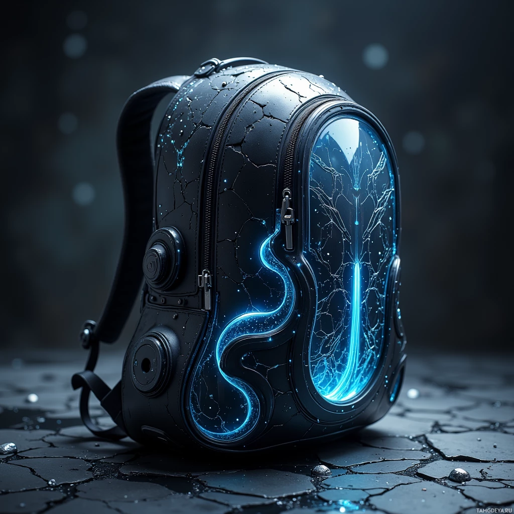 A futuristic, glowing blue backpack with cracked patterns and a sleek design.